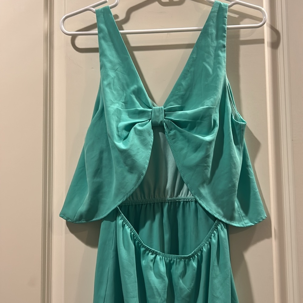Dina be faux 2 piece mini Dress bow cinched open back elastic waist Size S teal